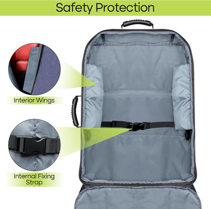 Padded Car Seat Travel Bag for Airplane, Heavy Duty Backpack for Air Travel, Water-Resistant Carrier with Shoulder Strap, Fits Most Car Seats (Blue+Black)