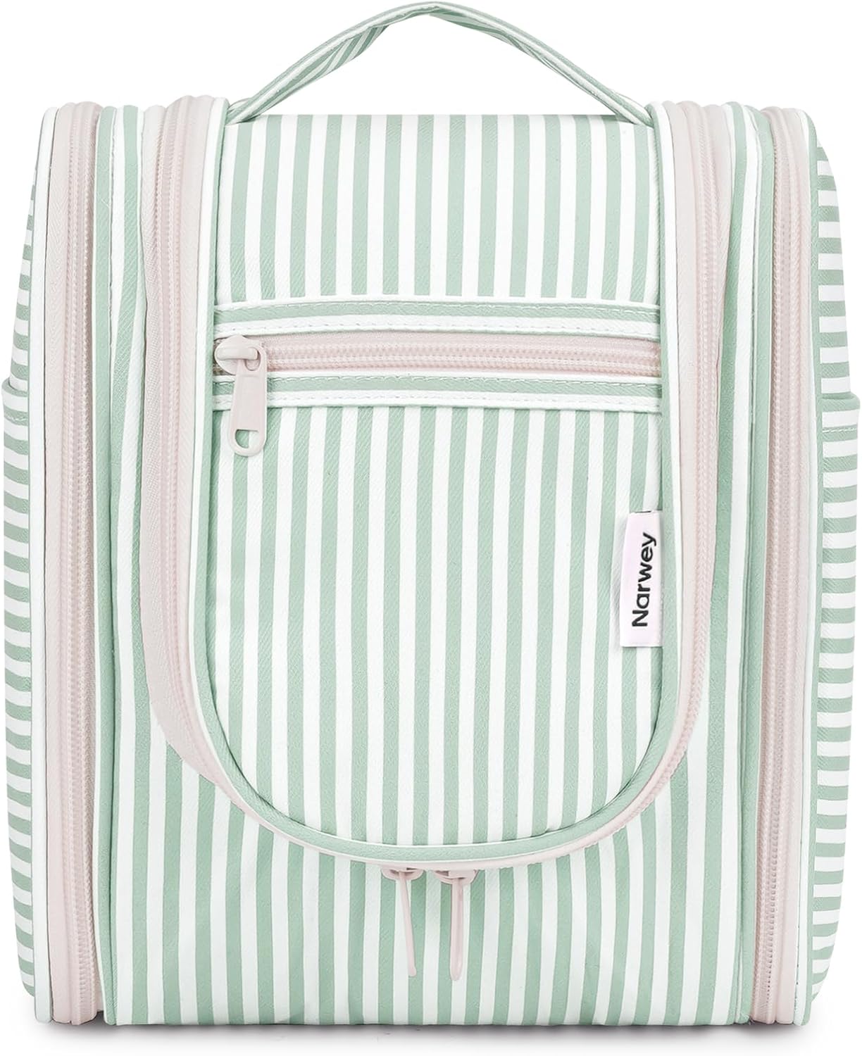 Narwey Small Striped Hanging Travel Toiletry Bag for Women, Travel Bag for Toiletries, Makeup Bag Organizer Cosmetic Bags Make Up Bags for Women (Mint Green Stripe)