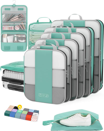 10 Set Compression Packing Cubes for Travel Essentials,Compressible Expandable Packing Cubes for Suitcase,OlarHike Luggage Organizer Bags for Travel,Handy Helper for Organizing Clothes(New Blue Green)