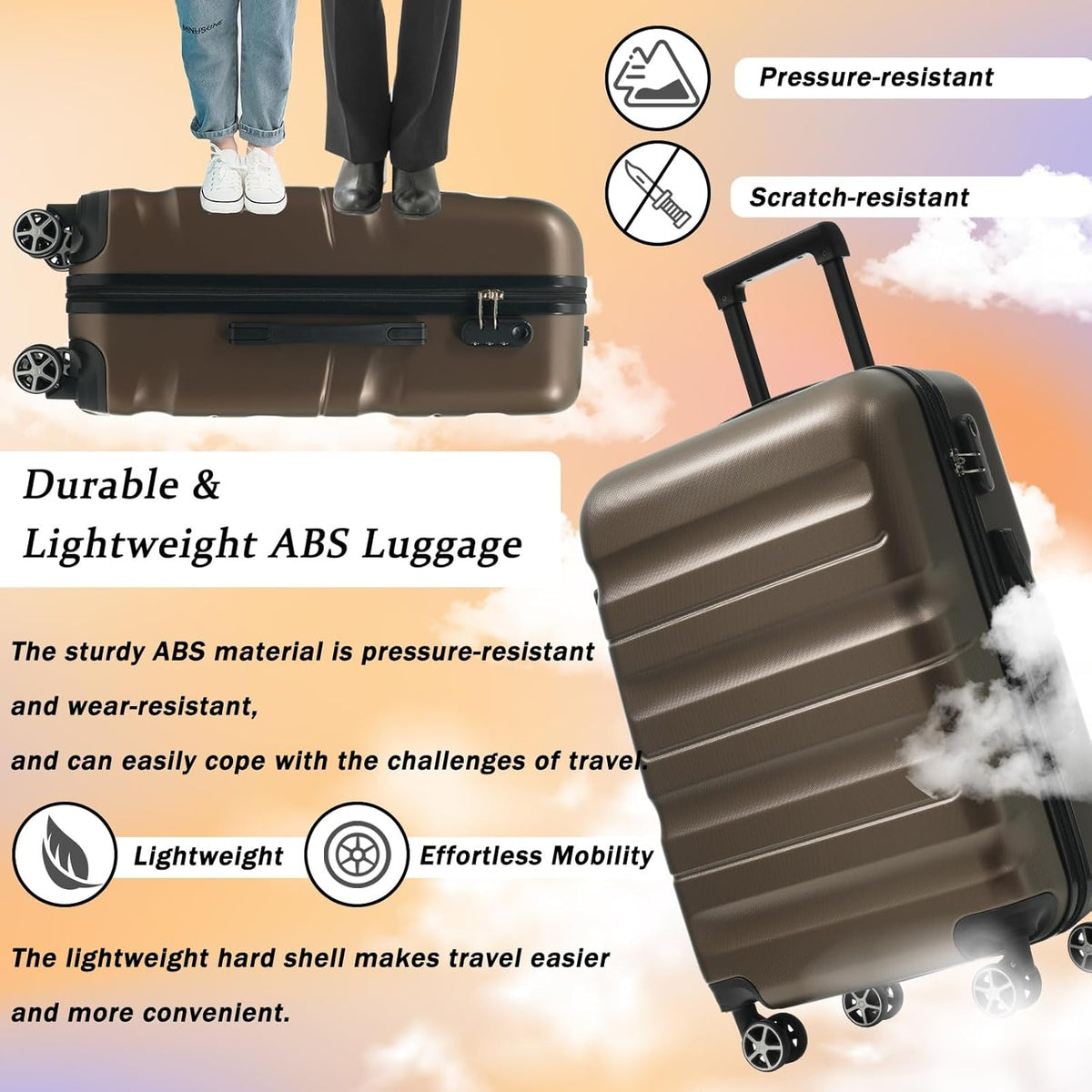 Merax 28 Inch Luggage Hardshell ABS Suitcase with 8 Silent Spinner Wheels Lightweight Durable Travel Checked Luggage for Long Trips Brown