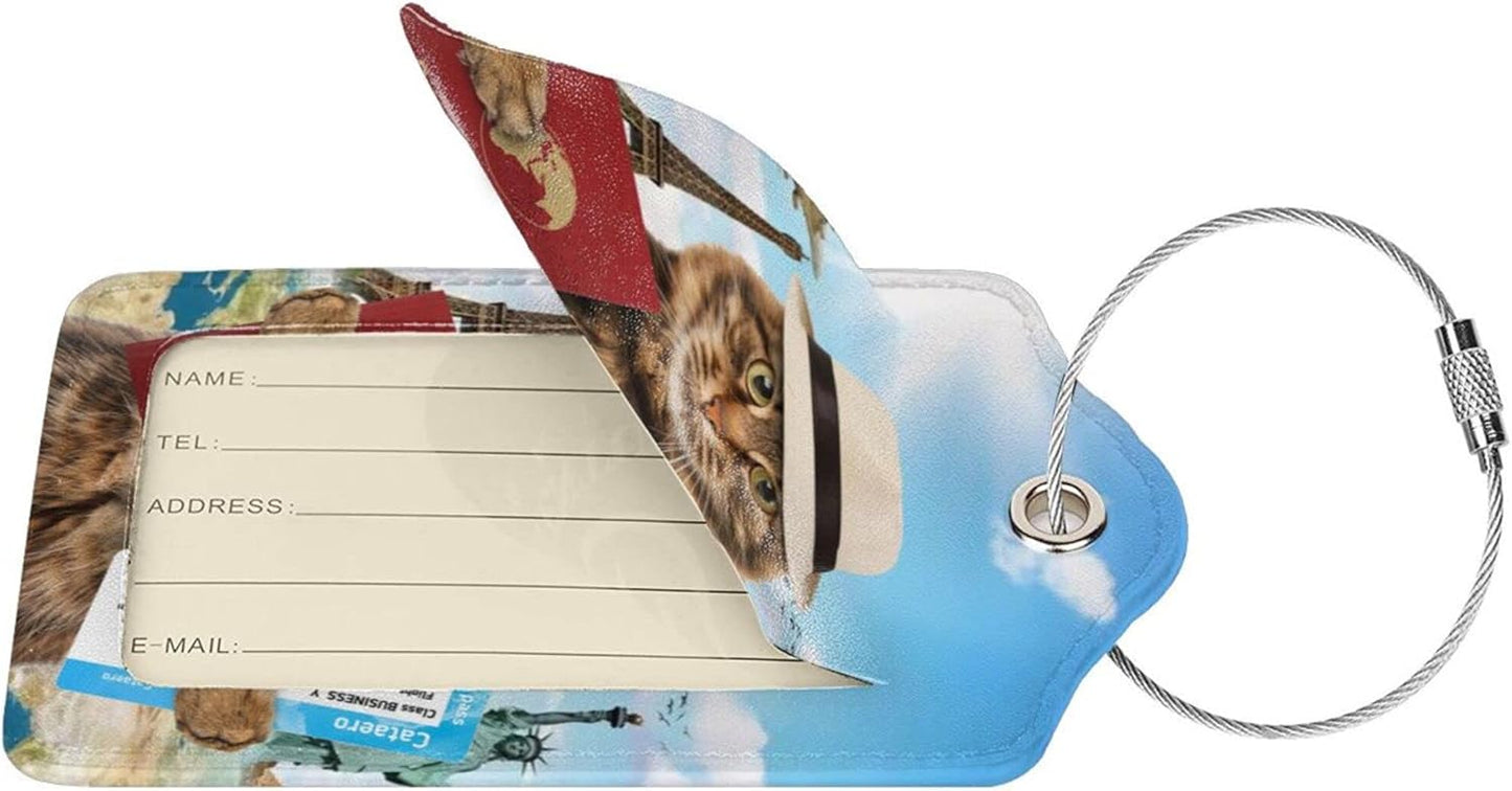 2 Pack Funny Cat Passport Luggage Tags for Suitcases Women Men Kids, Bag Tags for Leather Luggage with Waterproof Suitcase Tags Privacy Cover Name ID Label Steel Loop for Travel Bag Suitcase