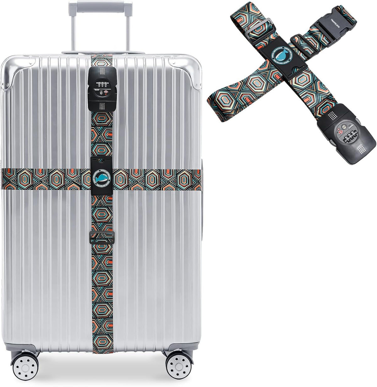 Travelkin Luggage Straps TSA Approved - Adjustable Cross Suitcase Straps with TSA Lock, Reinforced Buckle, Unique Pattern - Secure Heavy Duty Luggage Straps for Travel (Geometry)