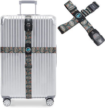 Travelkin Luggage Straps TSA Approved - Adjustable Cross Suitcase Straps with TSA Lock, Reinforced Buckle, Unique Pattern - Secure Heavy Duty Luggage Straps for Travel (Geometry)