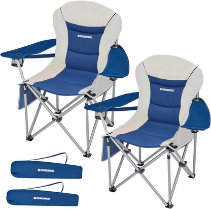 FUNDANGO 2 Packs Oversized Camping Chair with Lumbar Back Support Padded Outdoor Heavy Duty Camping Chair for Adults with Cup Holder, Armrest, Support 300 lbs