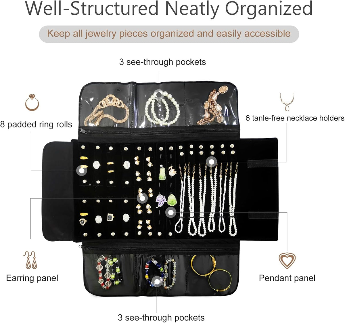 Velvet Travel Jewelry Case Roll Bag Organizer for Necklace Bracelet Earrings Ring (Black)