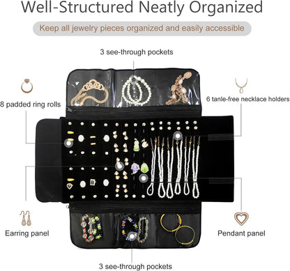 Velvet Travel Jewelry Case Roll Bag Organizer for Necklace Bracelet Earrings Ring (Black)