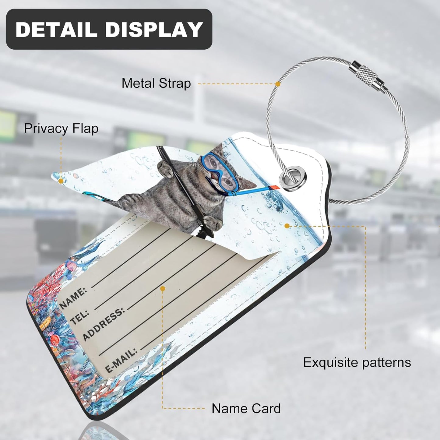 2Pack Luggage Tags for Suitcases, Cute Unique Pu Leather Cruise Luggage Tag with Privacy Cover ID Label Address Card and Metal Ring Suitable for Women Men Kids Travel Bag The Diving Cat