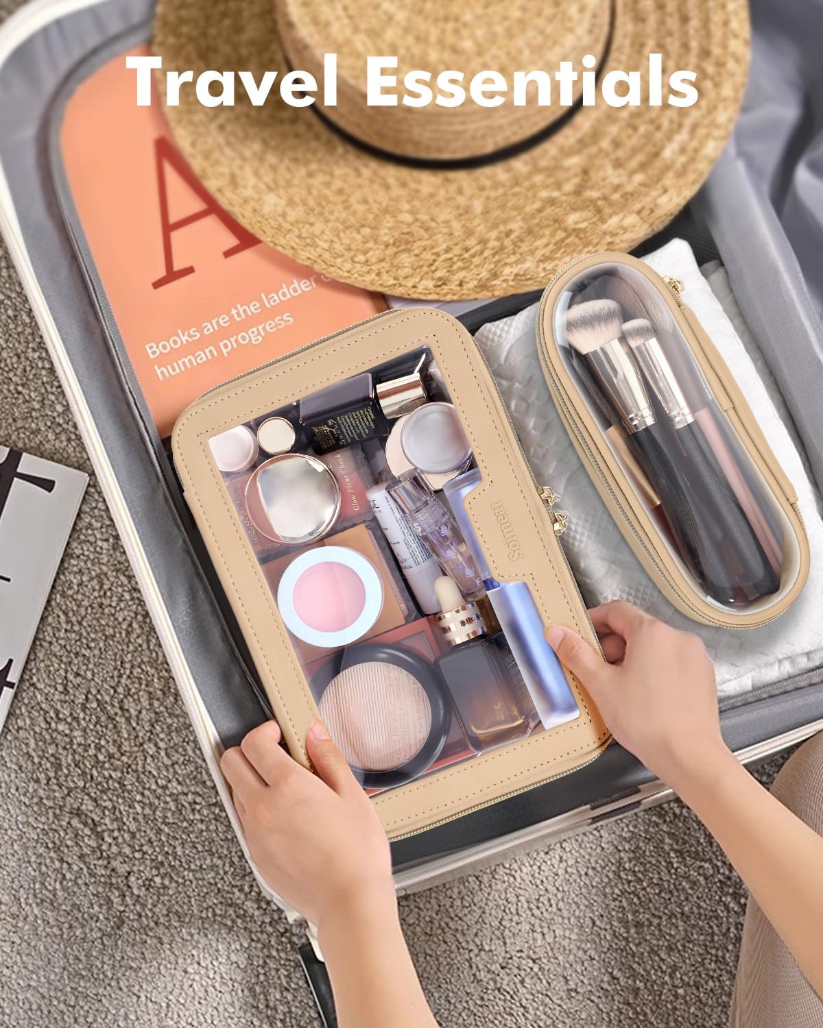 Travel Clear Makeup Bag with Makeup Brush Bag, Leather Makeup Case Toiletry Bag, Portable Cosmetic Bag Case, Transparent Waterproof Cosmetic Organizer Storage Bag for Women, Khaki