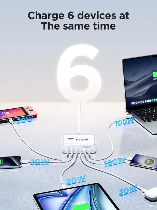 165W USB C Charger Block, 6 Port Multi USB-C Charging Station,100W PD Fast USBC Gan Charger Station Hub Dock for Multiple Devices, Laptop Type C Charge for MacBook/iPhone 16/iPad/Galaxy S25(5FT Cord)