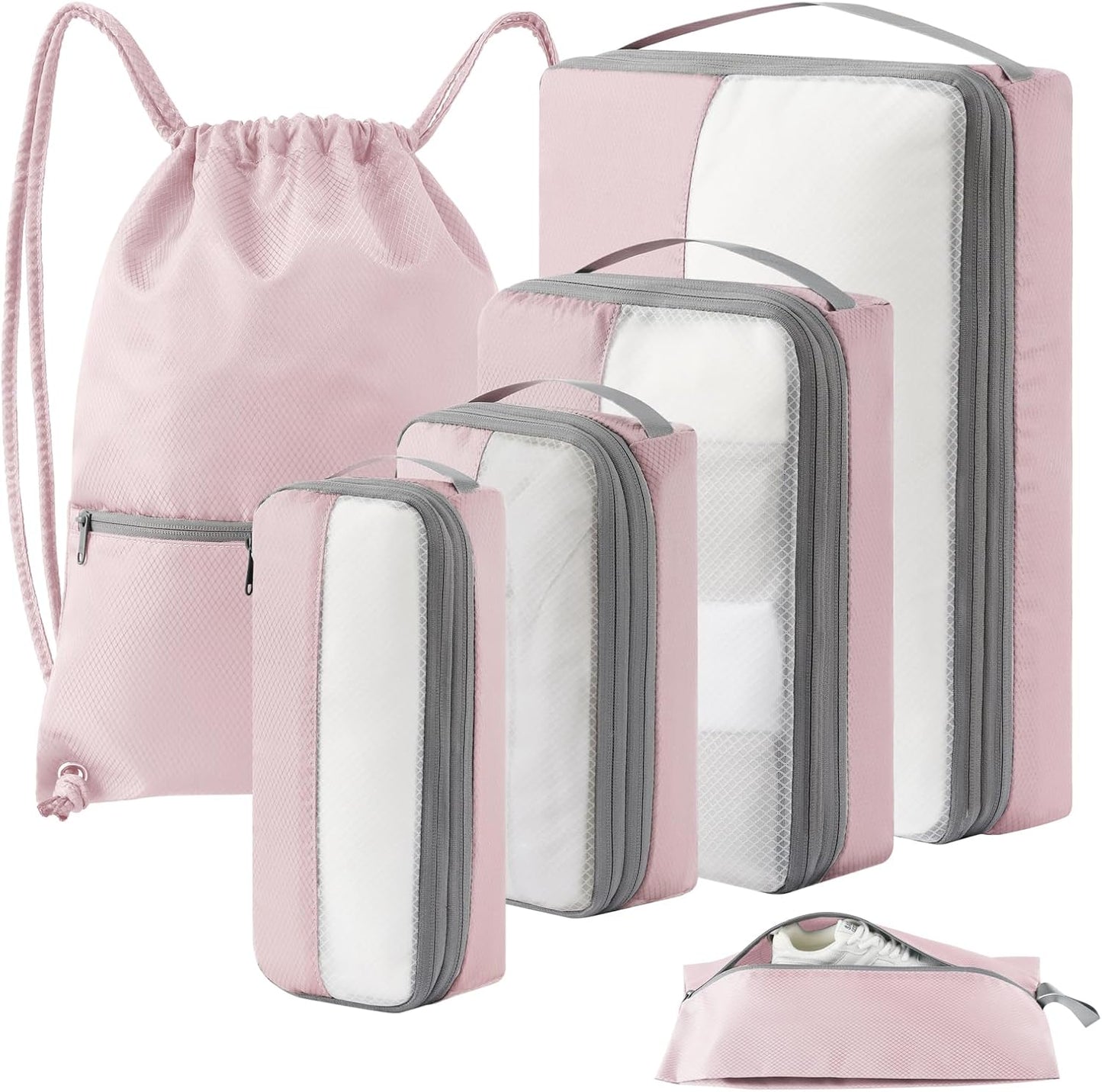 6 Set Compression Packing Cubes for Travel, Bonus Versatile Drawstring Backpack, Lightweight Luggage Organizer Bags, Sturdy Travel Accessories for Suitcase, Pink