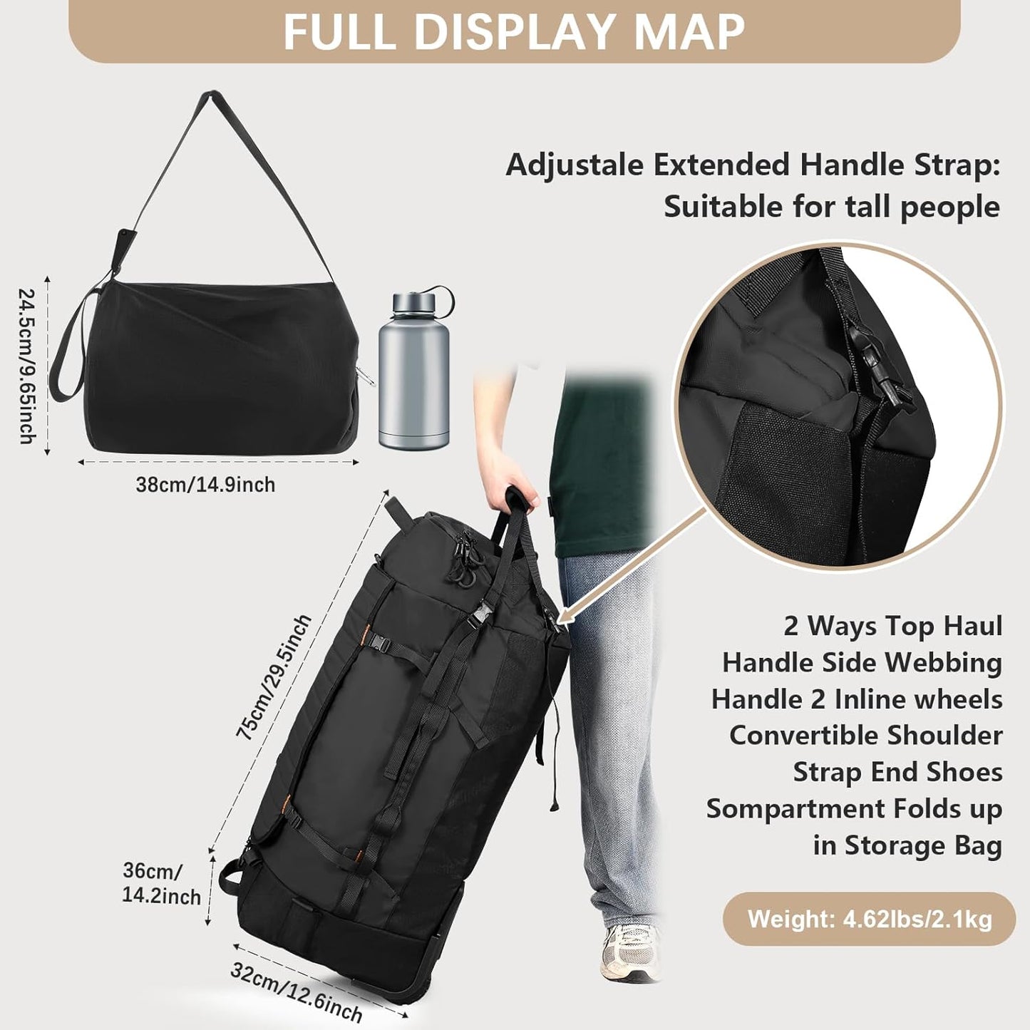 Rolling Duffle Bag with Wheels,86L 30”Folding Duffle Backpack with 2 Wheels,Travel Bag with Separate Shoe Compartment,Black