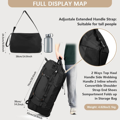 Rolling Duffle Bag with Wheels,86L 30”Folding Duffle Backpack with 2 Wheels,Travel Bag with Separate Shoe Compartment,Black