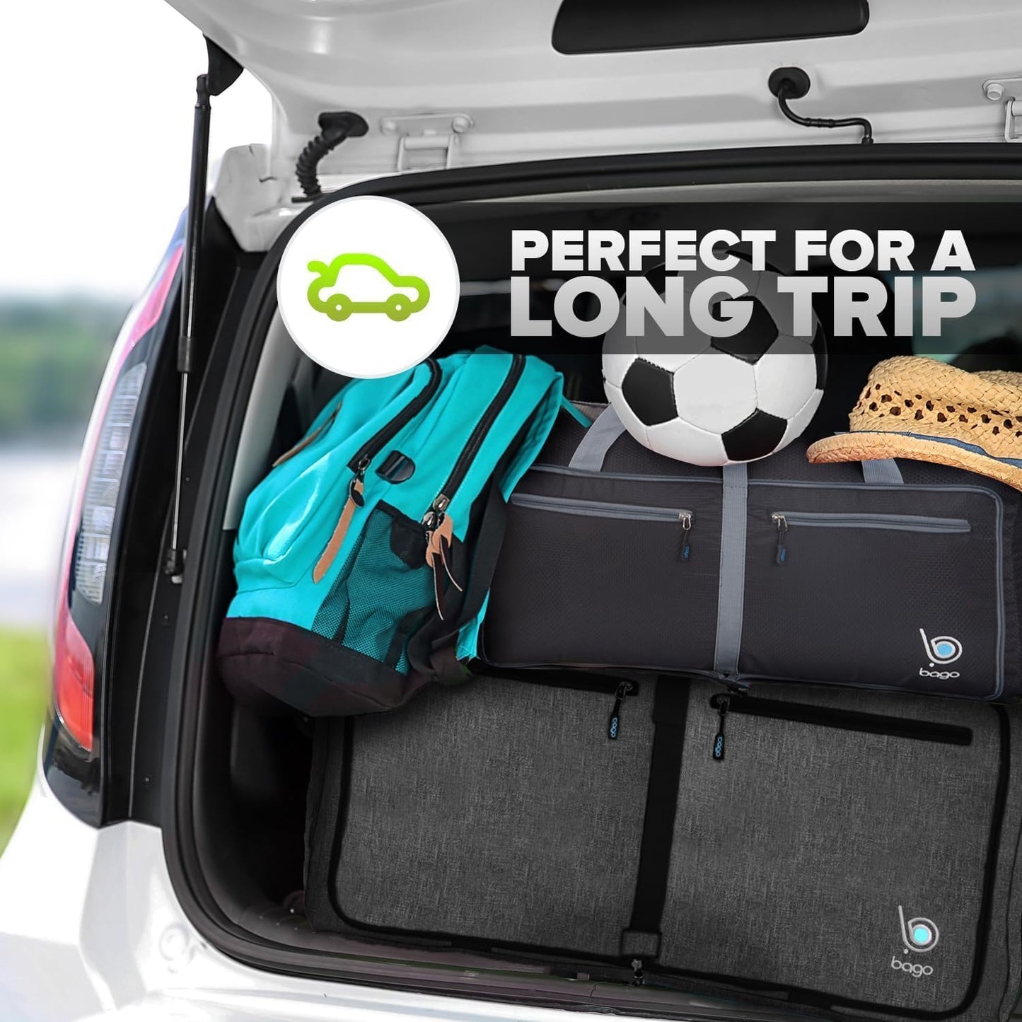 Bago Large Foldable Duffel Bags for Traveling Women & Men - 80L Packable Duffle Bag for Travel with Shoe Compartment - Water Repellant, Heavy Duty, Lightweight Folding & Collapsible (SnowBlack)