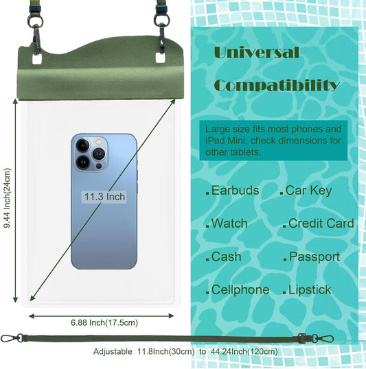 Large Watperproof Pouch 2 Pack [Up to 11.3"], IPX8 Waterproof Cell Phone Case Dry Bag Pouch Compatible with iPhone 14 13 12 Pro Max, Galaxy S23 Ultra S22 or iPad mini, Black+Army Green