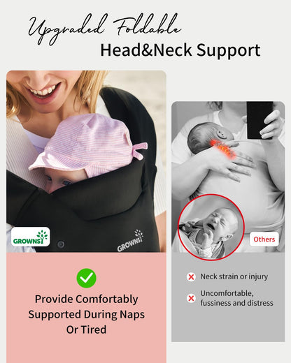 GROWNSY Baby Carrier Newborn to Toddler, Cozy Baby Wraps Carrier, Ergonomic Baby Carrier with Head Support, Black