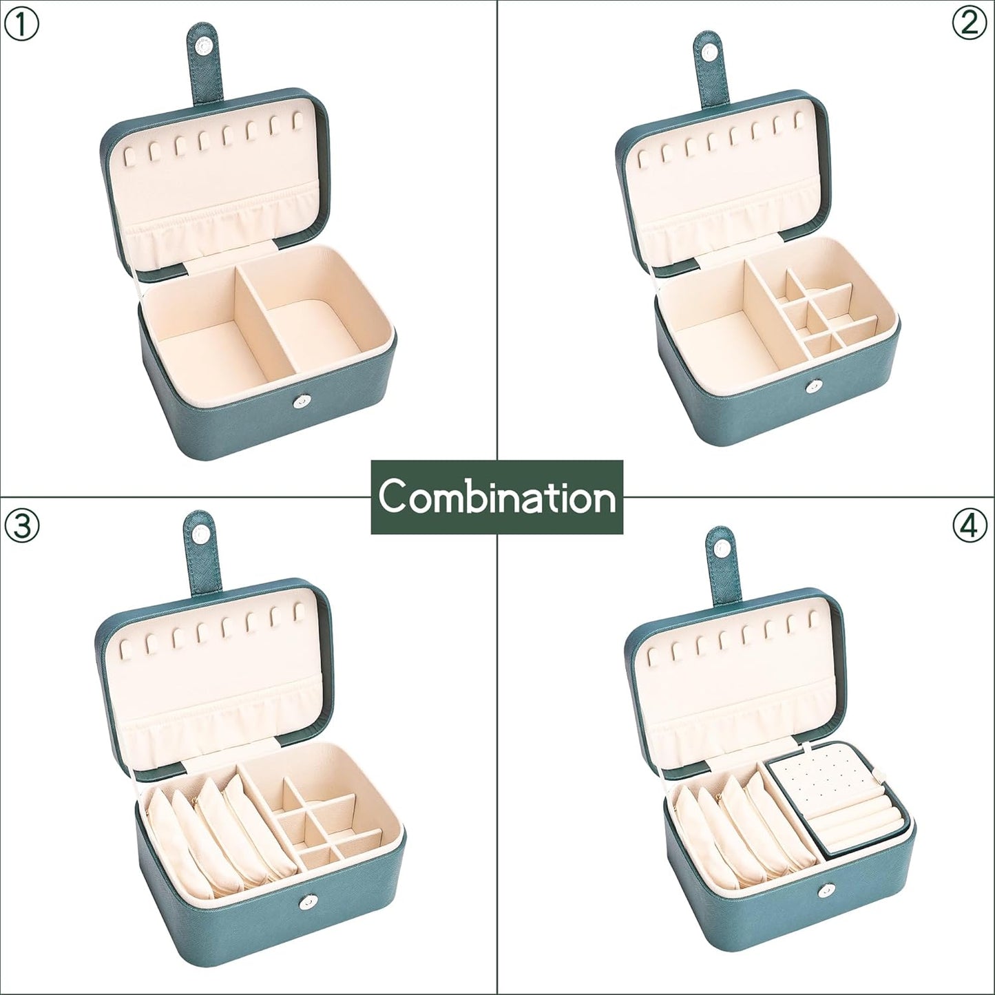 2 Layer Large Jewelry Travel Case with 4 Jewelry Pouches, PU Leather Portable Jewelry Storage Box, Medium Size Jewelry Organizer Box for Earrings, Necklaces, Bracelets (dark green)