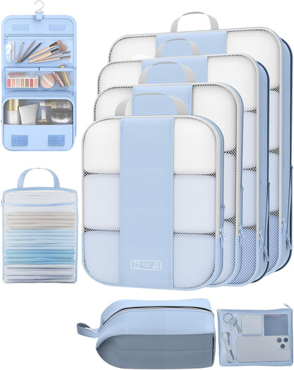 8 Set Compression Packing Cubes for Travel Essentials,Compressible Expandable Packing Cubes for Suitcase,OlarHike Luggage Organizer Bags for Travel,Handy Helper for Organizing Clothes(Light Blue)