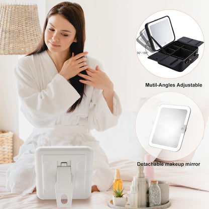 Mocado Travel Makeup Bag with LED Lighted Mirror,Makeup Case with 3 Color Lighted Setting and 10x Magnifying Mirror, Portable Storage and Adjustable Dividers (Black with Hard Leather)