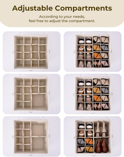StorageWorks Shoe Organizer for Closet, Fits up to 16 Pairs, Shoe Cubby Storage Containers with Adjustable Dividers and Clear Cover, Gray and White Stripes