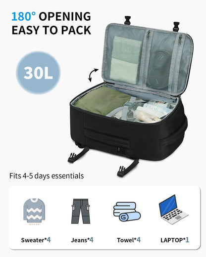 ECOHUB Travel Backpack for Men Women, Carry on Backpack with USB Charging Hole, Spirit Airlines Personal Item Bag Flight Approved, 15.6 Inch Laptop Backpack with Anti Theft Pockets, 30L, Black