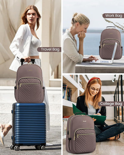 LOVEVOOK Laptop Backpack Purse for Women, Large Capacity Travel Business Computer Work Bag, Quilted Casual Nurse Backpack for Womens, Fit 15.6 Inch Laptop with USB Port, Brown