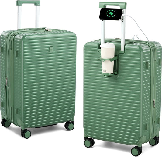 Hard Shell Suitcases Travel Expandable Luggage, 24 Inch Check in Luggage with Spinner Wheels Cup Holder Charger Built in, Checked Medium Suitcase Lightweight Suitcases, Forest Green