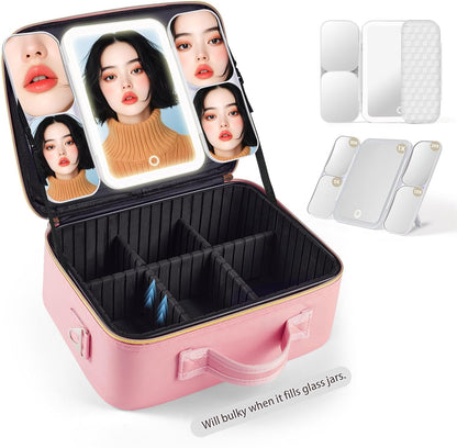 Mid-Size Makeup Bag with LED 1X5X10X20X30X Magnifying Mirror and Travel Makeup Train Case Cosmetic Organiser with Mirror and Separate Makeup Brush Panel, Portable Adjustable Divider, Pink