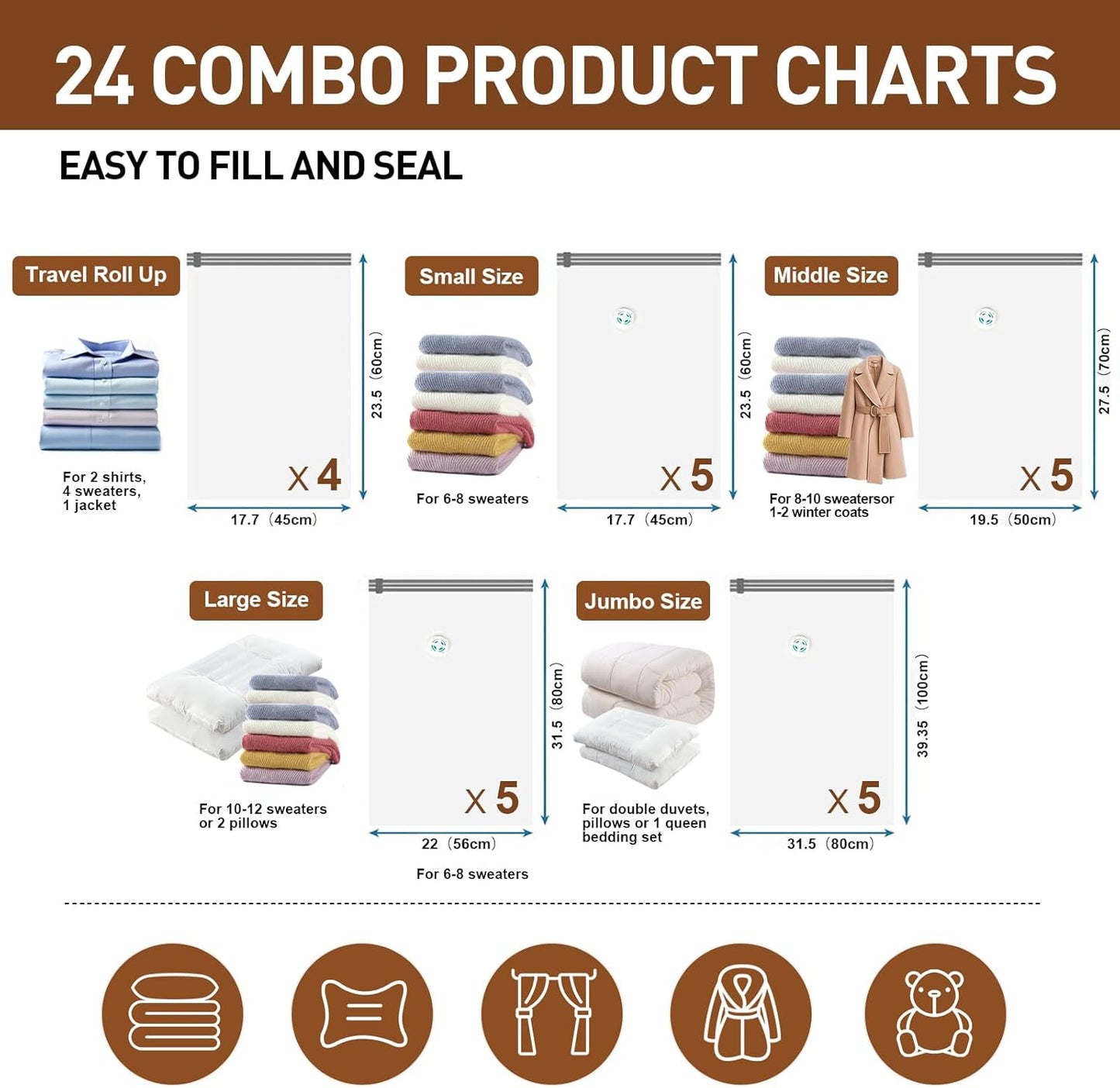 24 Pack Vacuum Storage Bags,Space Saver Bags for Clothing,Comforters,and Bedding,Includes 5 Jumbo, 5 Large, 5 Medium, 5 Small/4 Roll Bags,Compression for Closet & Travel, With Electric Pump