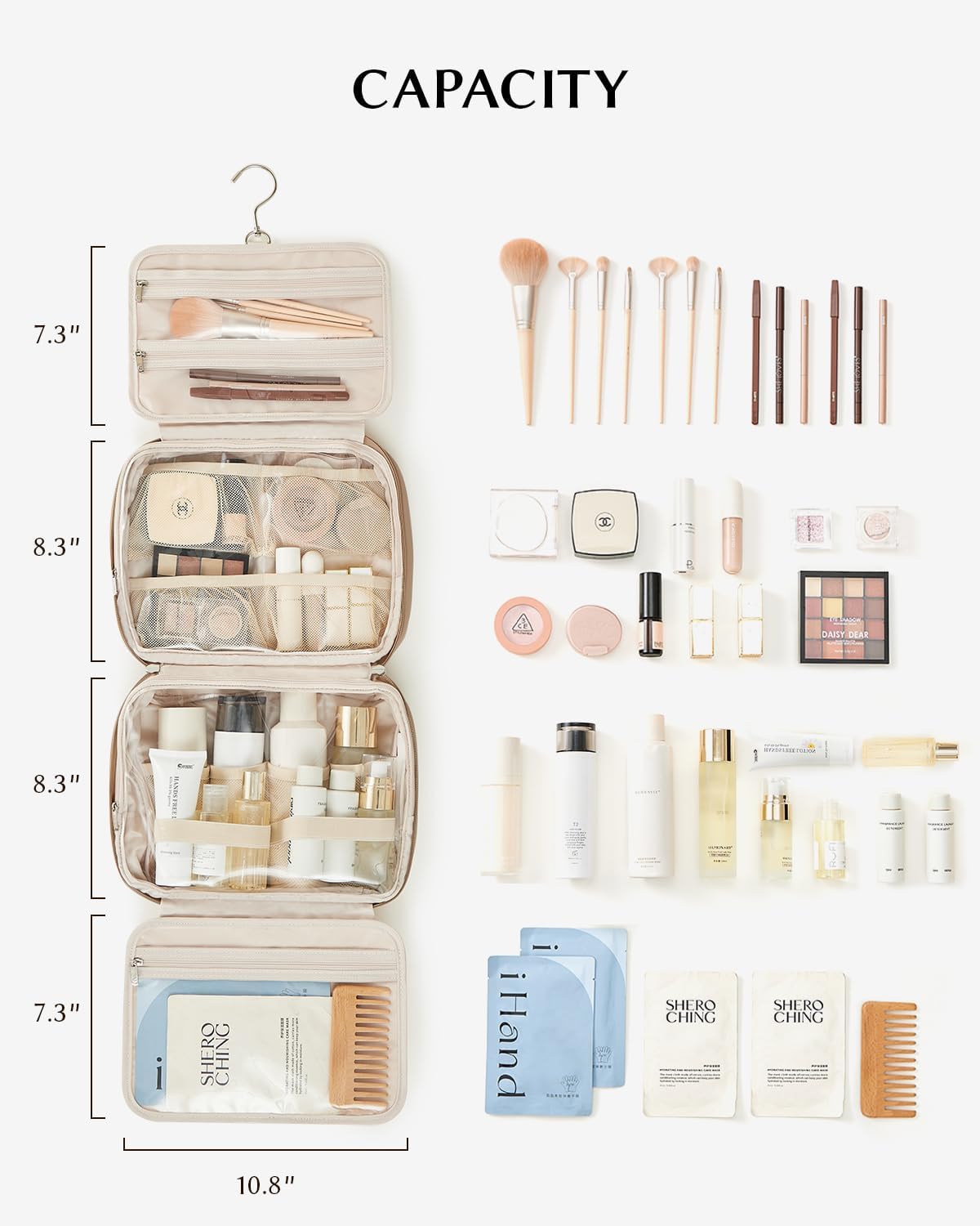 EACHY Toiletry Bag with Hanging Hook, Travel Makeup Bag PU Leather Cosmetic Bags for Women Make Up Organizer with 4 Compartments Waterproof Full-Size Portable Travel Essentials (Etoupe Grey-Pro)