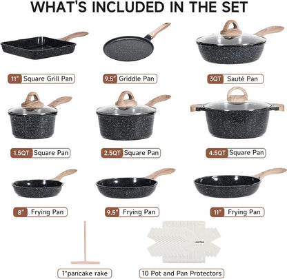 JEETEE 24Pcs Ceramic Cookware Set, Gray Pots and Pans Set Non Stick, Kitchen Healthy Non Toxic Induction Cookware Sets W/Saucepans, Sauté Pan, Griddle, Crepe Pan & Pancake Rake (PFAS,PFOA Free)