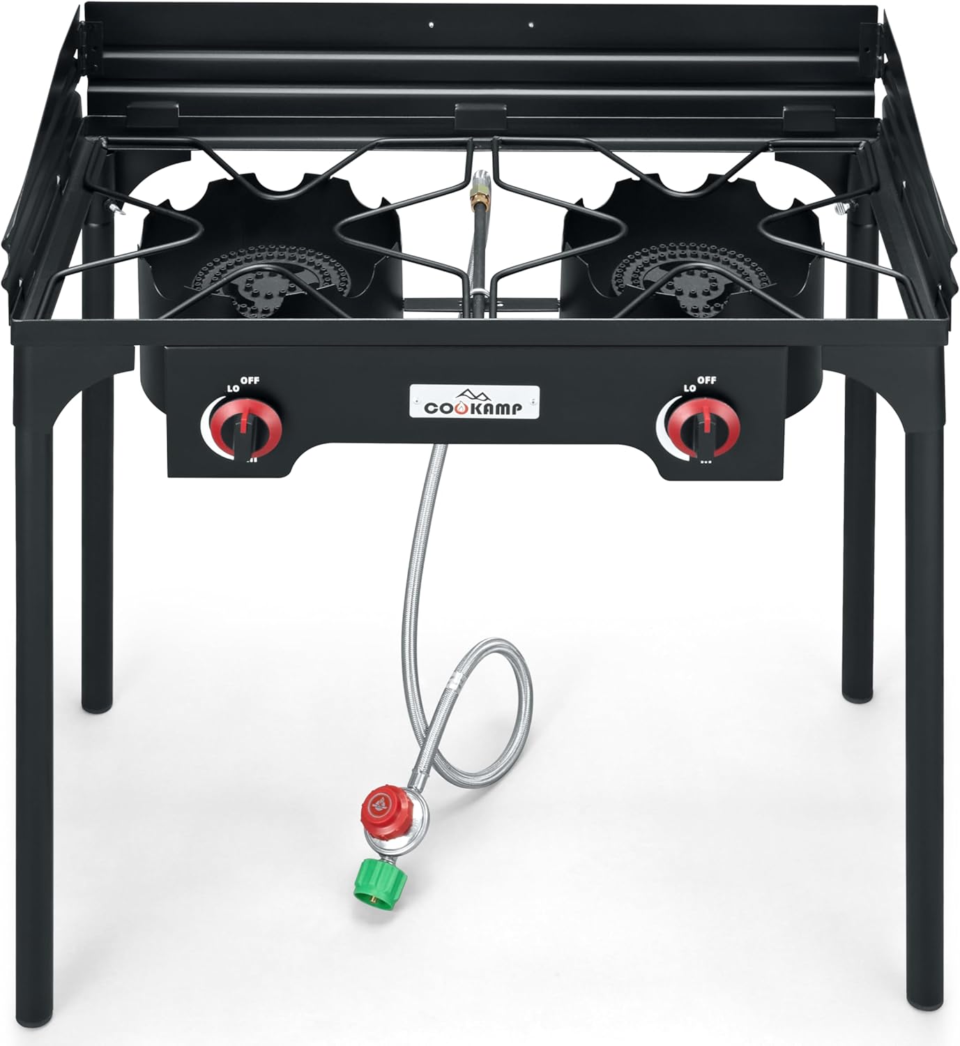 High Pressure Double Propane Burner With Windscreen Outdoor Camping Stove with 0-20 PSI Adjustable Regulator and Steel Braided Hose SA2510 (Two Burner Stove With Windscreen)