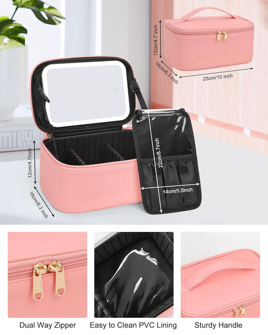 Makeup Bag With LED Mirror, Travel Makeup Bag With 3 Color Setting Light Up Mirror Cosmetic Makeup Organizer Vanity Case for Women Beauty Tools Accessories Rechargeable Makeup Travel Bag - Pink