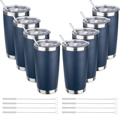 20oz Tumbler with Straw and Brush, Stainless Steel Vacuum Insulated tumbler, Double Wall Insulated Coffee Tumbler for Outdoor, Home, Travel,Office (Navy Blue,8pcs)
