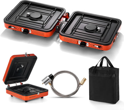 Odoland Portable 2 Burner Camping Stove Propane 17000 BTU/h Gas Stove Collapsible Backpacking Stove for Indoor Outdoor Cooking Hiking and Picnic