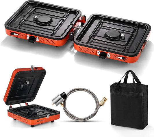 Odoland Portable 2 Burner Camping Stove Propane 17000 BTU/h Gas Stove Collapsible Backpacking Stove for Indoor Outdoor Cooking Hiking and Picnic