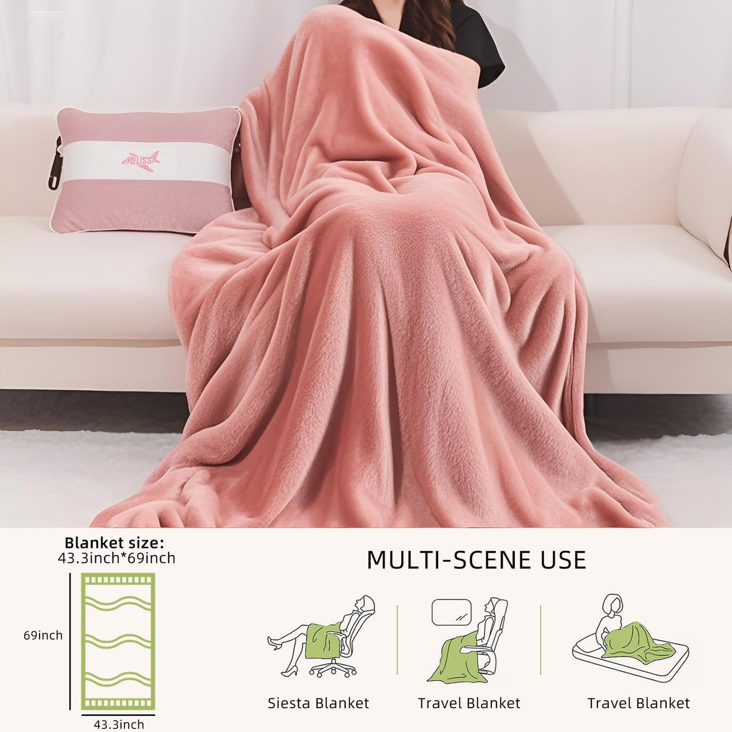Melissa Large Travel Blanket and Inflatable Pillow Set - 69“ x 43.3” – Soft Blanket with Carry Bag – Lightweight, Compact & Washable for Backpacking, Hiking, Airplane, Car, Office, Camping (Pink)