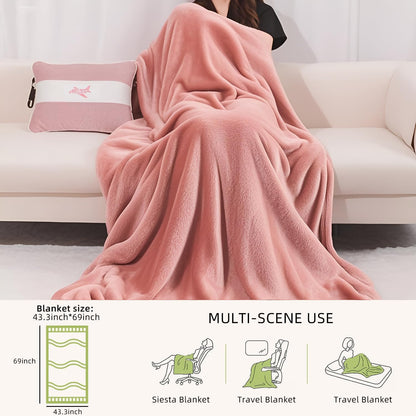 Melissa Large Travel Blanket and Inflatable Pillow Set - 69“ x 43.3” – Soft Blanket with Carry Bag – Lightweight, Compact & Washable for Backpacking, Hiking, Airplane, Car, Office, Camping (Pink)