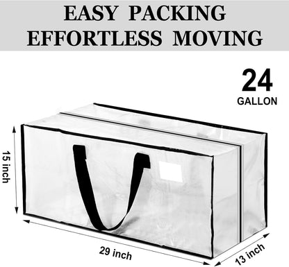 4 Pcs 24 Gallon Large Moving Bags with Zipper and Handles Foldable Storage Duffle Bags Heavy Duty Extra Large Totes for College Dorm Travel Clothes Blankets Bedding Moving (Clear)