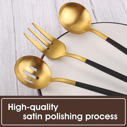 Matte Black Gold Serving Silverware Set, 5-Piece Round Shared Utensils Set of - Image 4