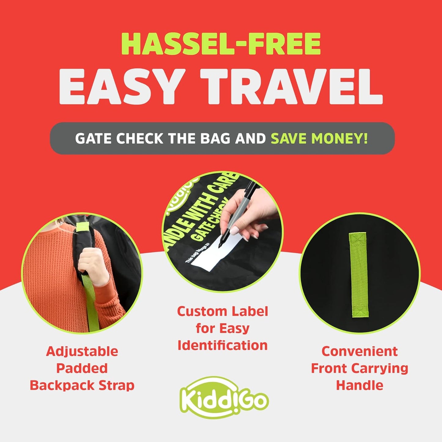 KiddiGo Umbrella Stroller Bag for Airplane Travel, Black and Green, 47" H x 15" W x 12" D, Fits Most Standard Umbrella Strollers, Gate Check Stroller Cover, Water-Resistant, Durable, Easy Carry Design