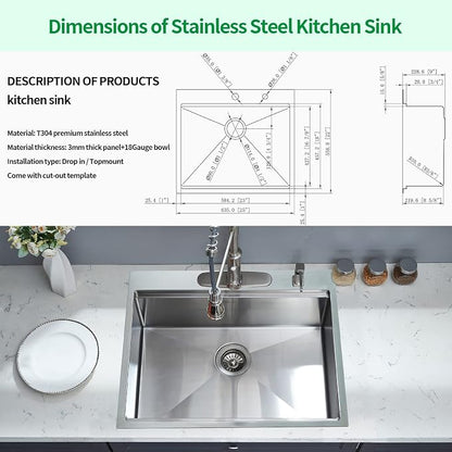 25 x 22 Inch Kitchen Sink, Drop In Stainless Steel Single Bowl Workstation Sink - Image 8