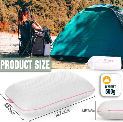 Travel & Camping Comfortable Memory Foam Pillow – Easy to Carry Portable Bag – Temperature Regulating Pillow Case (Pink + Extra Cover)