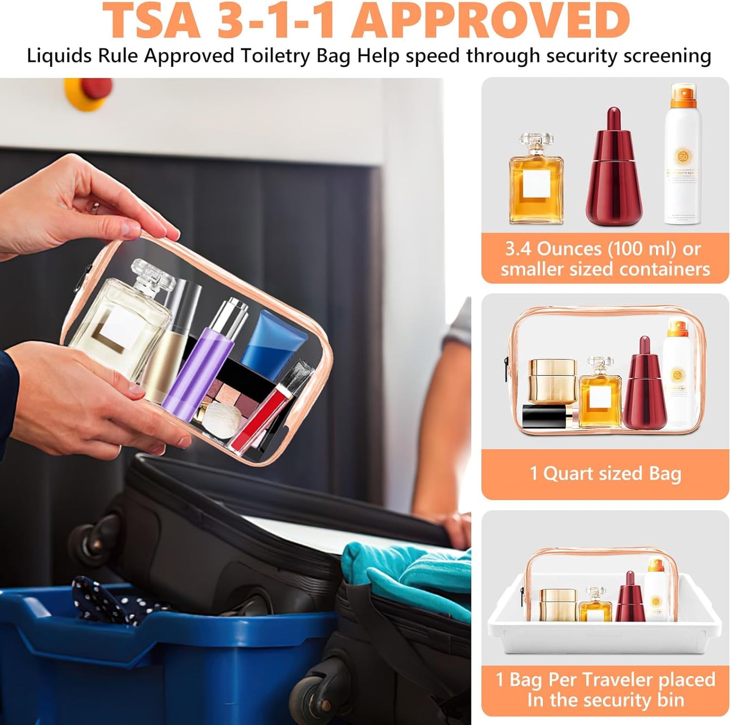 AURUZA 4 Pack Clear Toiletry Bag,Portable Travel Makeup Bags with Zipper, TSA Approved Clear Organizer Bags, PVC Cosmetic Pouch for Airport Airline Compliant (4 Packs Rose Pink)