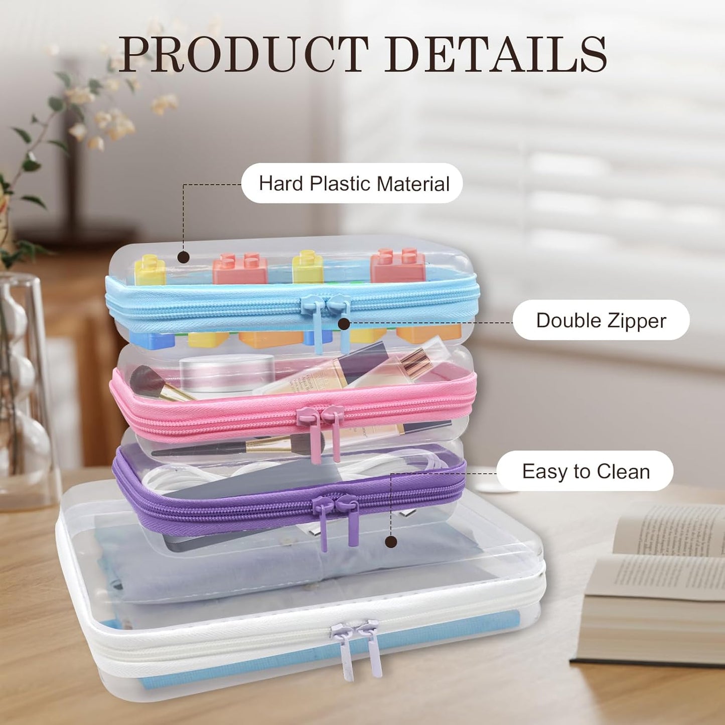 4PCS Clear Hard Zipper Case - Portable Organizer Pouches, Waterproof Plastic Cosmetic Bag,Travel Organizer Box for Cable, Make up Tools and Toiletries