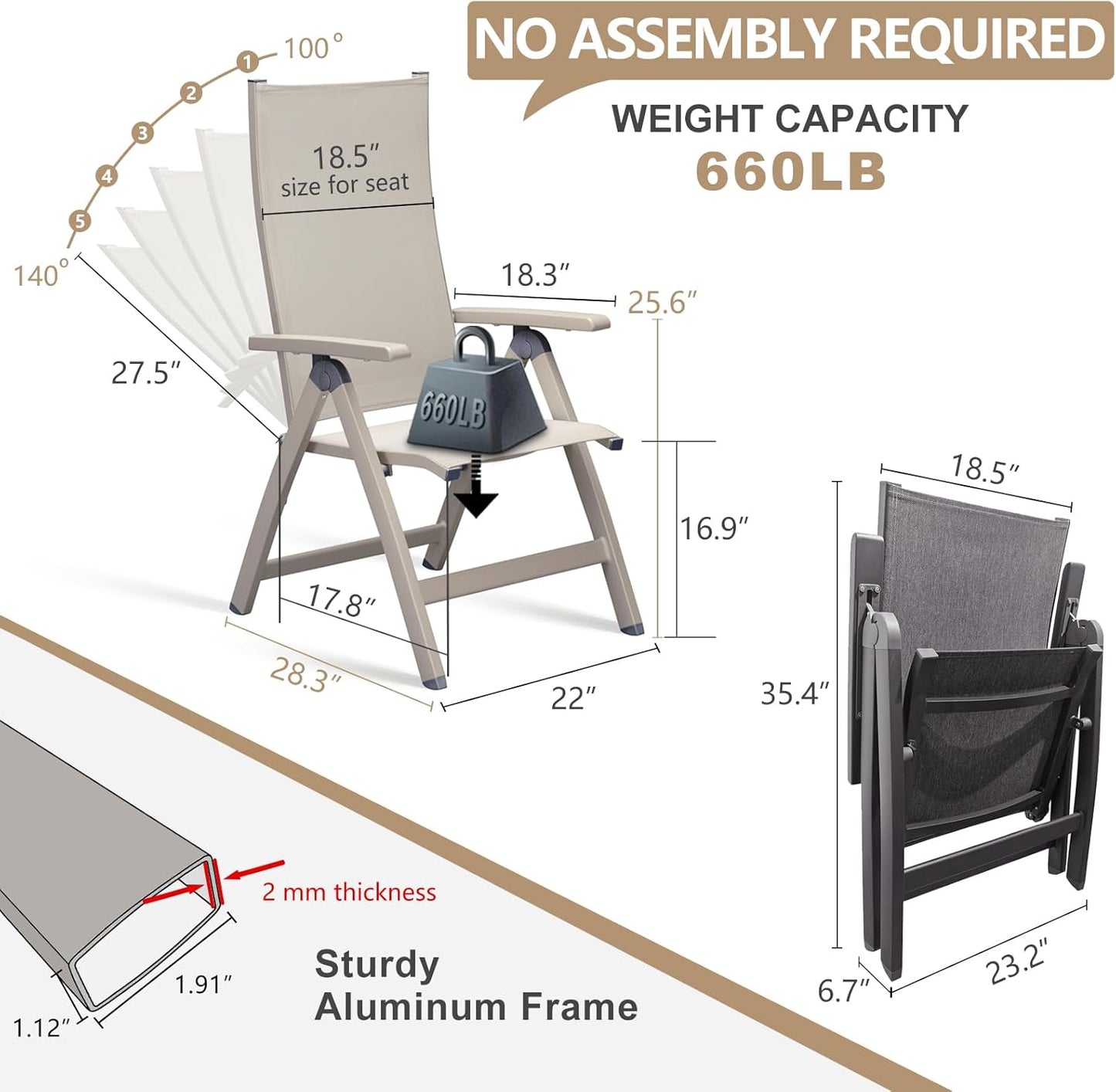 Adjustable Folding Chair, Indoor Bedroom, Outdoor Balcony, Patio, Lawn Yard Beach, Porch, for Comfortable Foldable Lounge Chair, Portable Cozy Recliner, Metal Frame