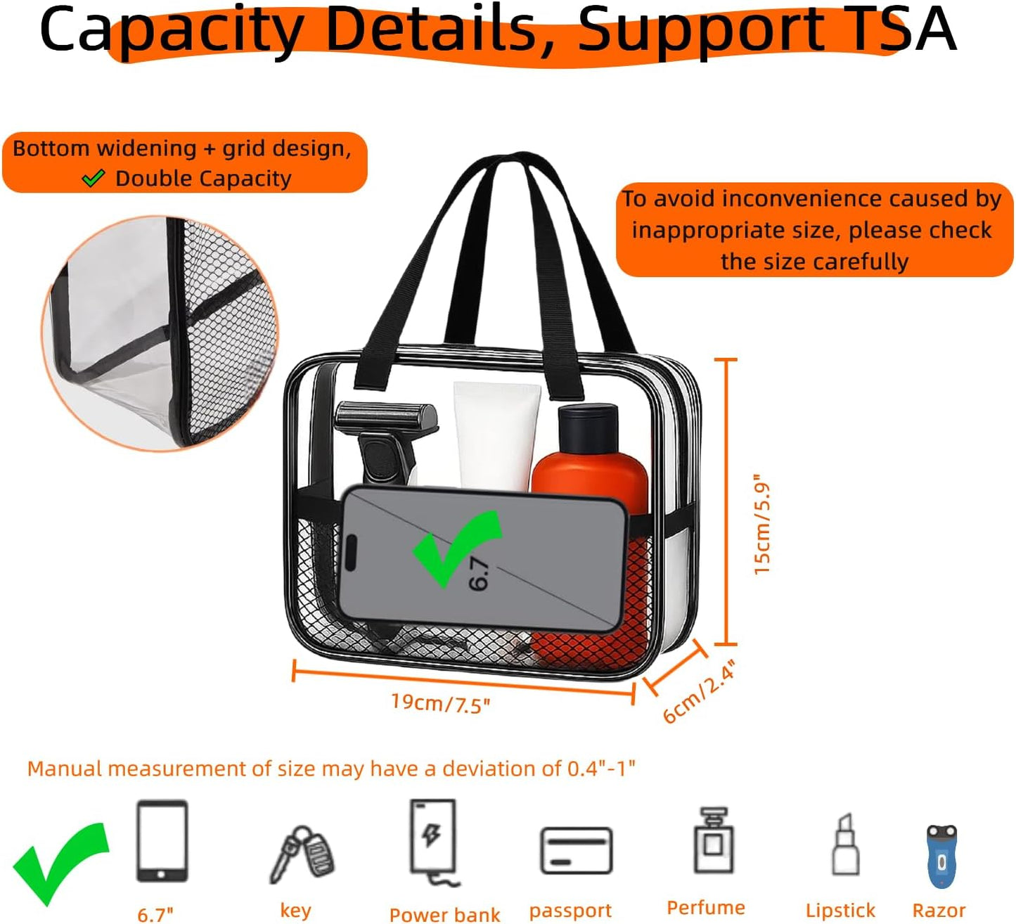 XEWEA 2PCS Small TSA Approved Clear Travel Toiletry Bags for Men Women,Transparent Makeup Cosmetic Bag with Handle,Waterproof PVC Quart Organizer Storage Pouch for Toiletries Airline Essential, Balck