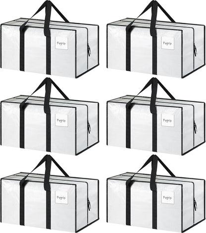 6 Pack Extra Heavy Duty Large Moving Bags with Strong Zipper & Comfortable Handles, Sturdy & Durable Clothes Storage Bags Totes Bins, Packing Moving Boxes for College Supplies, White