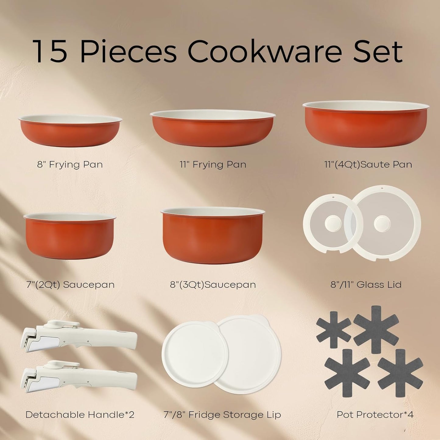 15Pcs Pots and Pans Set Non Stick, Cookware Sets with Detachable Handle, Nonstick RV Kitchen Cooking Tools Removable Handles, Oven Safe, Induction Fast, Stackable Induction Cookware, Tangerine