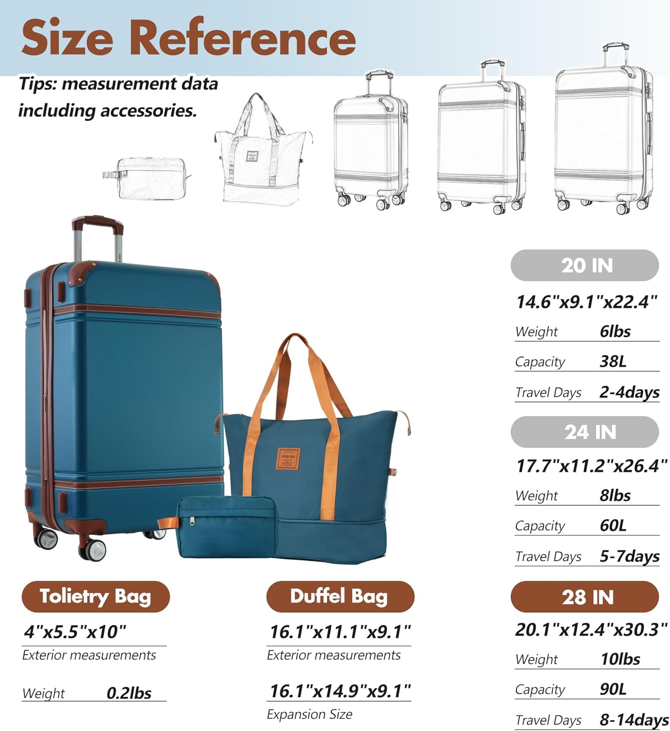 Merax Suitcase Set 28 inches Expandable Luggage with TSA Lock Spinner Wheels Hardshell Lightweight Vintage Luggage with Travel Bag,Blue