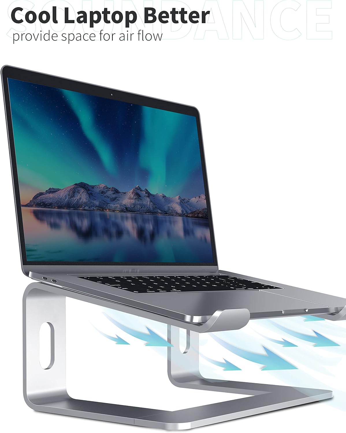 SOUNDANCE Laptop Stand, Aluminum Computer Riser, Ergonomic Laptops Elevator for Desk, Metal Holder Compatible with 10 to 15.6 Inches Notebook Computer, Silver